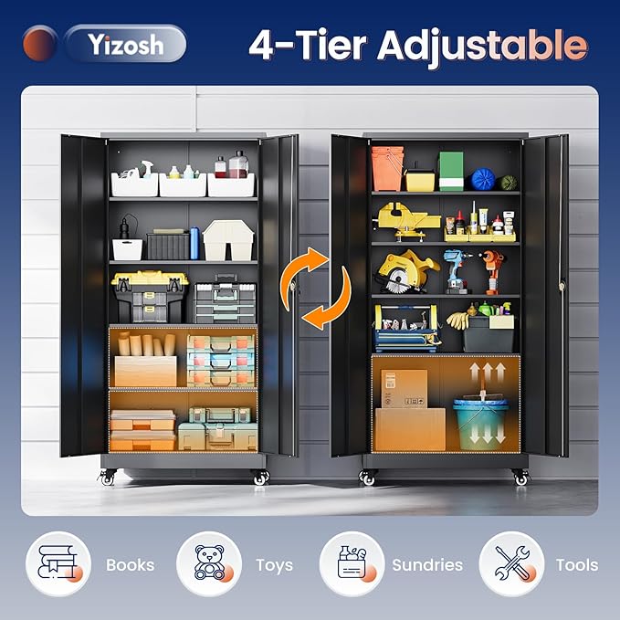 Yizosh Metal Garage Storage Cabinet with Locking Doors and Adjustable Shelves,- 75" Rolling Steel Tool Cabinet for Home Office,Garage,Warehouse