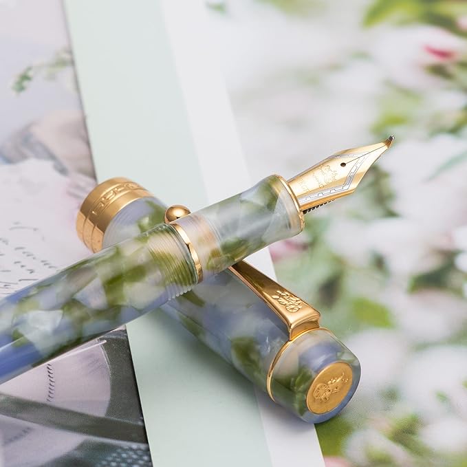 Jinhao 100 Fountain Pen Celluloid Classic Style, #6 Nib Smooth Writing Instrument with Refillable Converter and Pen Case Set