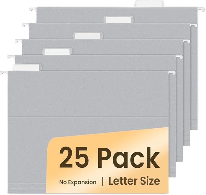 SUNEE 25 Pack Hanging File Folders, Gray Folders, Hanging File Folders Letter Size with 1/5-cut Tabs, Stay Organized for Your Home and Office Bulk File and Documents