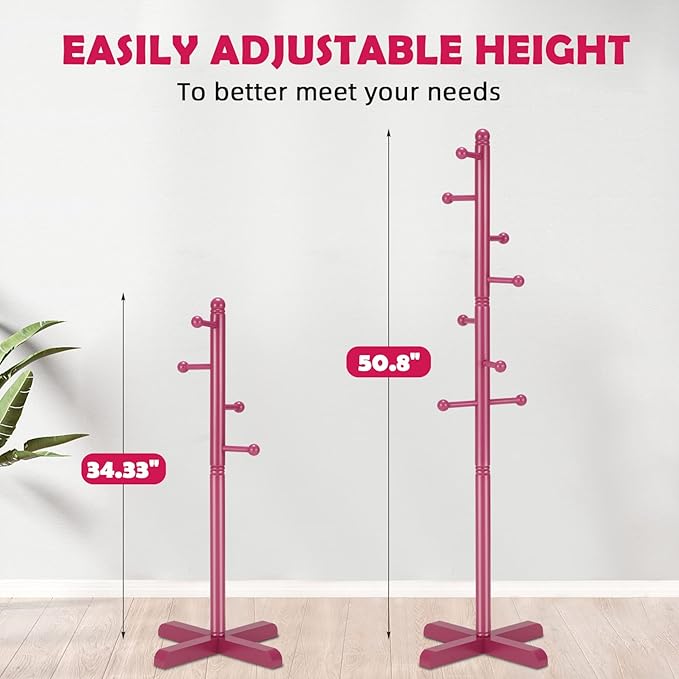Kids Coat Rack, Freestanding Coat Racks with 8 Hooks 2 Adjustable Height, Tree Coat Rack for Bedroom, Hallway, Entrance, Office, Hats, Handbags,Purse (Dark-Rose)