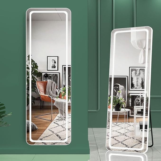 Hasipu Full Length Mirror with Lights, 56" x 16" LED Floor Mirror, Full Body Dressing Standing, Hanging Mounted Mirror for Living Room Bedroom Cloakroom, Round White
