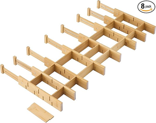 FILWH Bamboo Drawer Dividers with Inserts kitchen drawer organizer Adjustable Expandable 8 Pack Organizer Set for Kitchen Bedroom Bathroom Office 8 Dividers with 16 Inserts (Natural, Small (14-19IN))