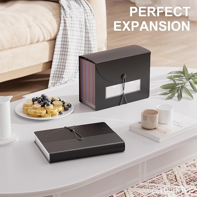 26 Pockets Accordion File Folder Organizer, Expanding Filing Box A4 Letter Size Expandable File Folders, Plastic Accordion Document Paper Coupon Bill Receipt Organizer with 3 A-Z Alphabet Colored Tabs