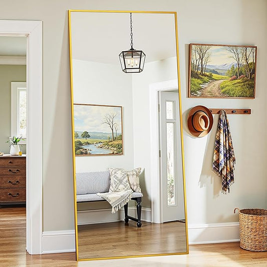 Full Length Mirror, 71"x32" Oversized Floor Mirror Freestanding, Full Body Mirror Floor Standing Mirrors with Stand, Hanging Mounted Mirrors for Bedroom Living Room, Gold, Rect Style