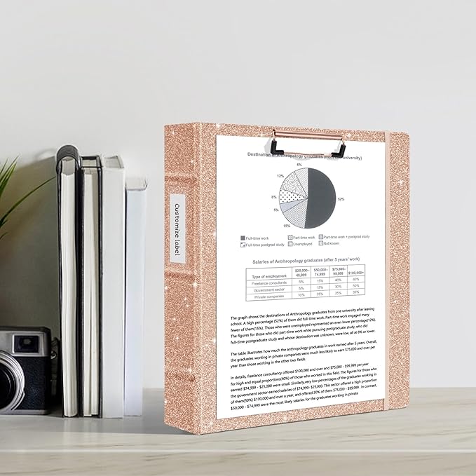 Ospelelf 3 Ring Binder with Clipboard, 2 Inch Leather, Letter Size (8.5" x 11") Dividers with 5 Tabs, Rose Gold