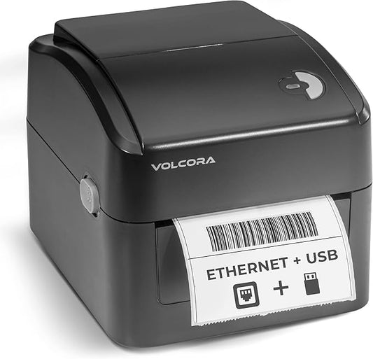 Volcora Thermal Label Printer with Ethernet/USB - Desktop 4x6 Shipping Label Printer, Compatible with Windows, Linux, Mac - Ideal for Small Business, Inkless Printer for Shipping Packages (Black)