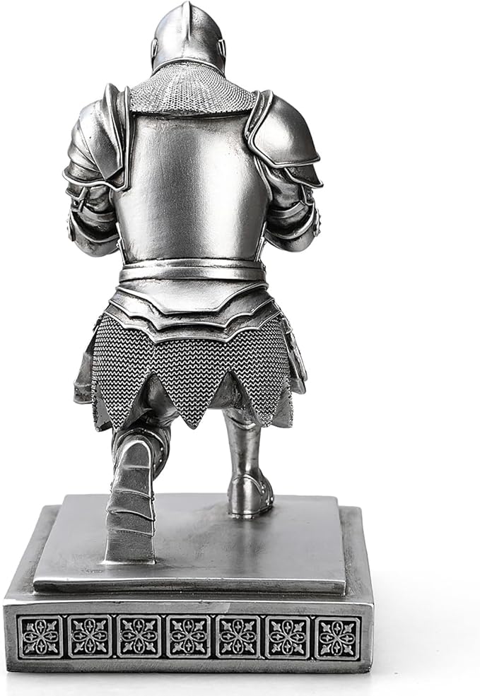 Medieval Armored Warrior Knight Pen Holder Desk Organizers and Accessories Resin Pencil Holder Paperweight as Gift with a Cool Letter Opener for Desk (Silver)