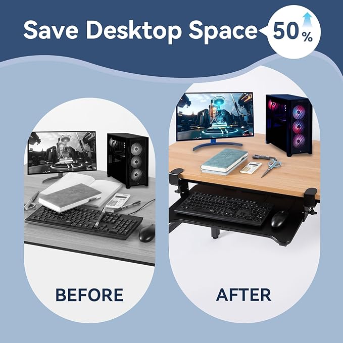 VUSIGN Keyboard Tray Under Desk Height Adjustable,Pull Out with Adjustable C Clamp Mount System for L-Shaped Tables, Extra Sturdy, 26.4” x 11.8” Slide-Out Platform Computer Drawer for Typing, Black