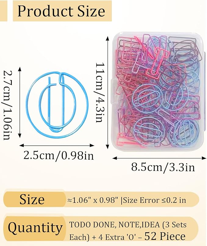 52 Pcs Stainless Steel Paper Clips - Alphabet Letter Clips for Office & School with Storage Box Assorted Color (Office Series)