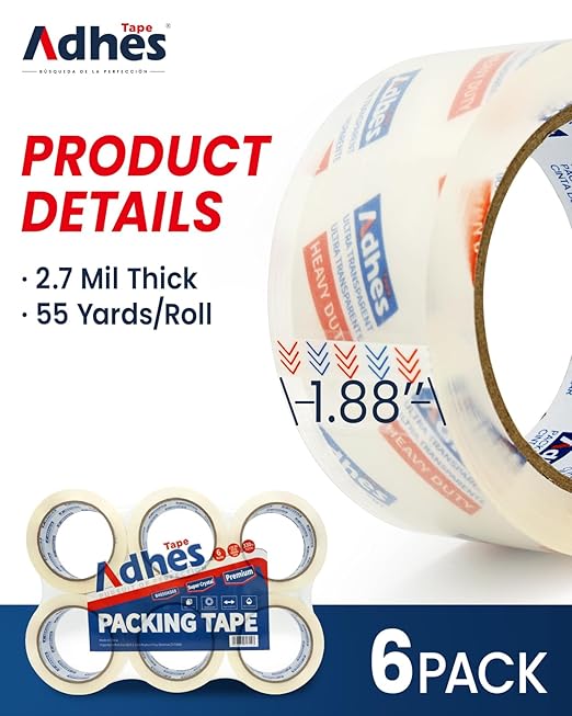 ADHES Super Clear Packing Tape, 6 Rolls x 1.88 Inch x 55 Yards, 2.7 mil Heavy Duty Shipping Tape Strong & Durable Package Tape for Shipping, Moving, Mailing and Sealing