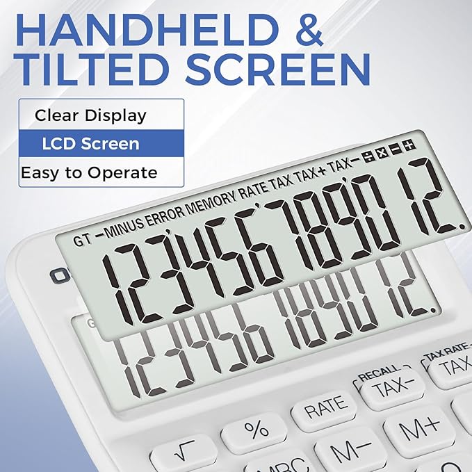 Pendancy Pocket Small Size Desk Calculator, 12 Digit Large LCD Display, Basic Tax Function Handheld Desktop Calculator with Solar Battery Dual Power, for Office, School, Business OS-12T (White)