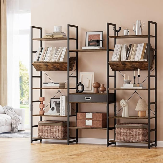 NUMENN Bookcases and Bookshelves Triple Wide 5 Tier Bookshelf, Large Etagere Bookshelf with Storage Drawer, Adjustable Open Display Shelves for Living Room Bedroom Home Office, Vintage Brown