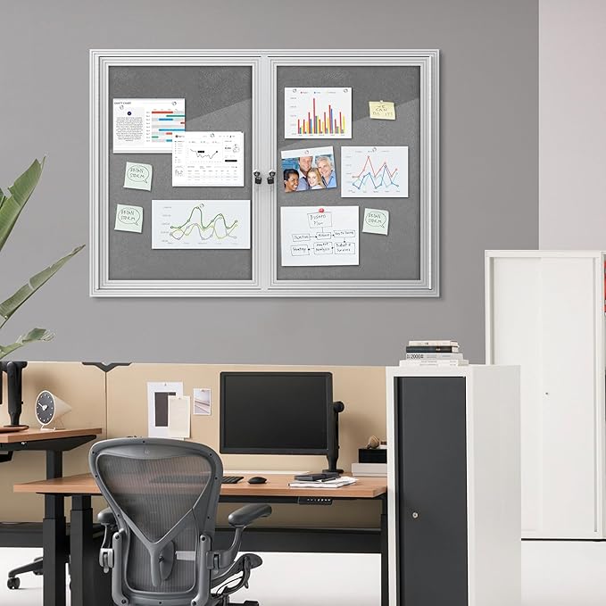 48"x34" Enclosed Bulletin Board, Outdoor Lockable Weather-Resistant Aluminum Cork Noticeboard for School & Office, Silver Frame w/Grey Flet