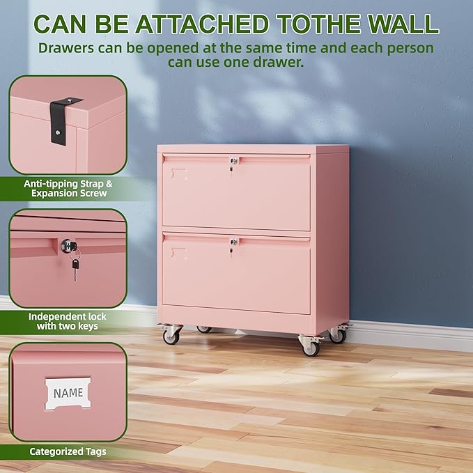 Aobabo 2 Drawer Wide File Cabinet with Wheels, Lockable Metal Filing Cabinet for Home Office, Legal/Letter Size,Pink,Required Assembled,15.87" D x 28.94" W x 34" H