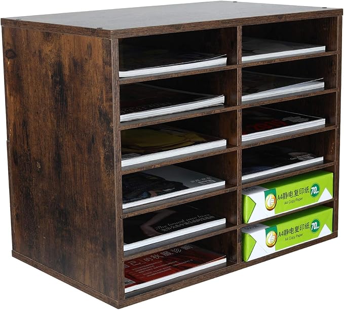 EasyPAG Mail Organizer Countertop, Wood Literature Organizer, Student Classroom Mailbox for School, Desktop Paper Sorter for Office Home, 12 Compartments, Archaize