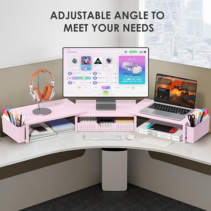 Pink Desk Organizers and Accessories for Women, Dual Computer Monitor Stand Riser with Drawer and 2 Pen Holders, Office Desk Accessories, Workspace Desktop Organization for Office Supplies