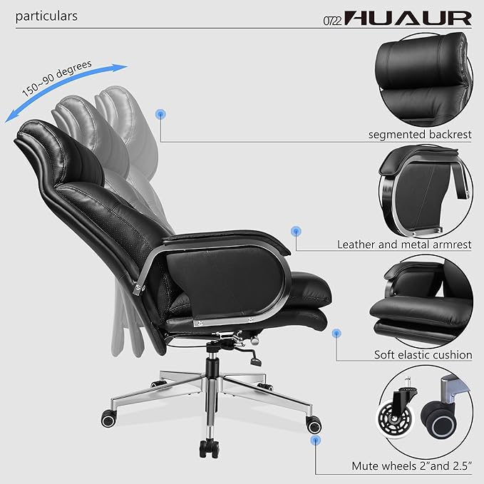Genuine Leather Modern Executive Chair High-Back Support 90 to 150 Degrees Tilt and Upholstered Home Desk Chair with Base 360LB Capacity Swivel Computer Office Chair (Black)