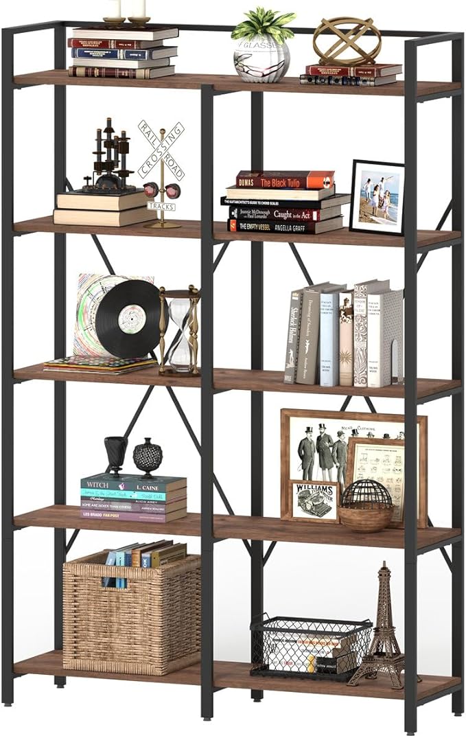 BON AUGURE Industrial Bookshelf, Bookcases and Bookshelves Etagere, Tall Large Farmhouse Book Shelves, 5 Tier Open Bookcase, Wood Metal Shelving Unit for Bedroom, Office (Rustic Oak)