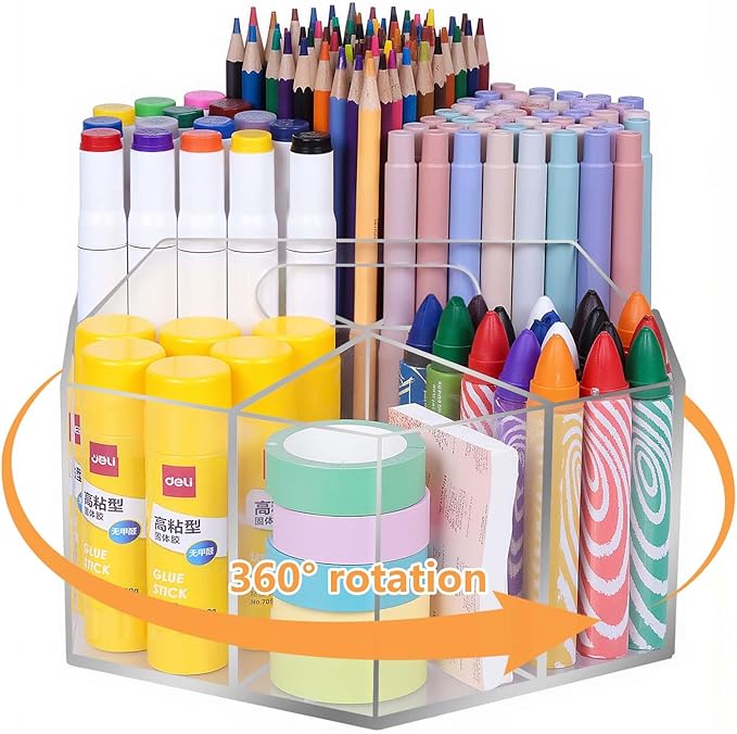 Pen Holder for Desk Acrylic, Large 6 Slots 360-Degree Rotating Marker Organizer Pencil Holder, Caddy Art Supply Organizer Crayon Organizers for Office School