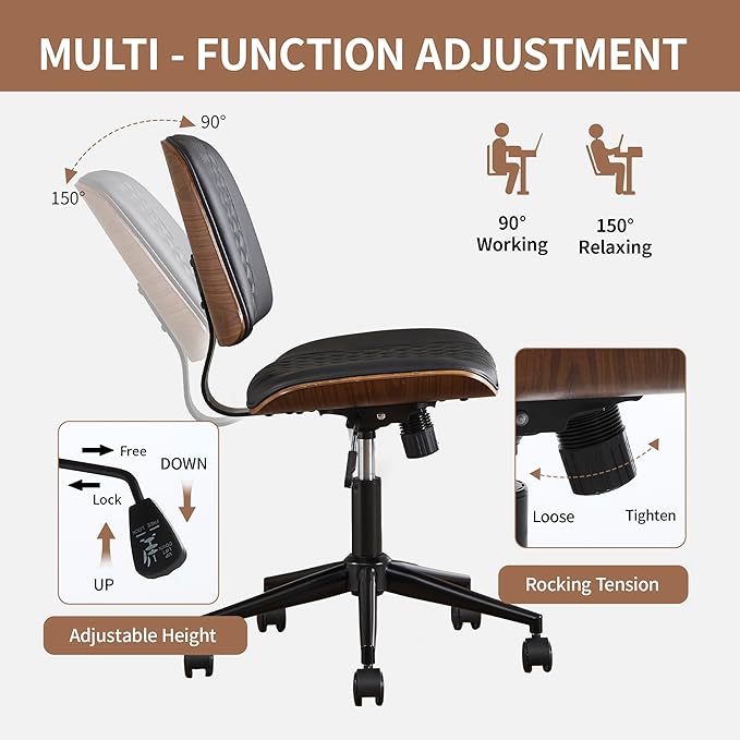Small Home Office Chair - Armless Mid Back Desk Chair with 360° Swivel and Wheels, PU Upholstered Height Adjustable Modern Walnut Computer Chair for Home, Office Meeting Room - Black
