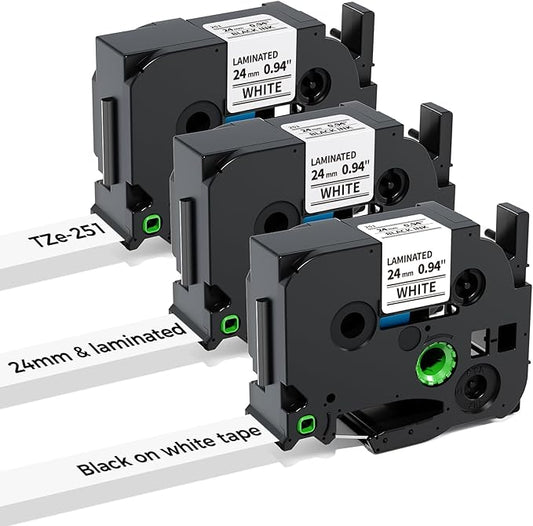 3-Pack 24mm 0.94 Laminated White Tape Replace for Brother Label Maker Tape TZe-251 Compatible with Brother P Touch TZ TZe 1" Refills for PT D610BT D600 700 P710BT PTP750W, Label KINGDOM Tze251