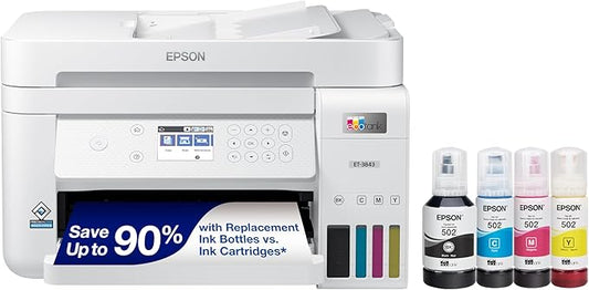 Epson EcoTank ET-3843 Wireless Color All-in-One Cartridge-Free Supertank Printer with Scanner, Copier, ADF and Ethernet-for The Ultimate Home Office, White