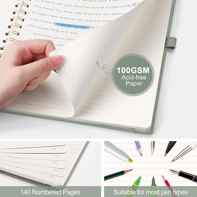 AHGXG Lined Spiral Journal Notebook, B5 Large Notebooks for Women Men, 140 Pages Hardcover Leather Notebook College Ruled, 100 GSM Paper, Notebooks for Work School Note Taking, 7.6" x 10", Sage Green