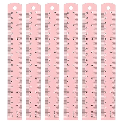 HARFINGTON 6pcs Metal Straight Ruler 20cm Metric SAE Aluminum Alloy Measuring Rulers Scale Tool with Hole for Measure Study Reading Classroom Office, Pink