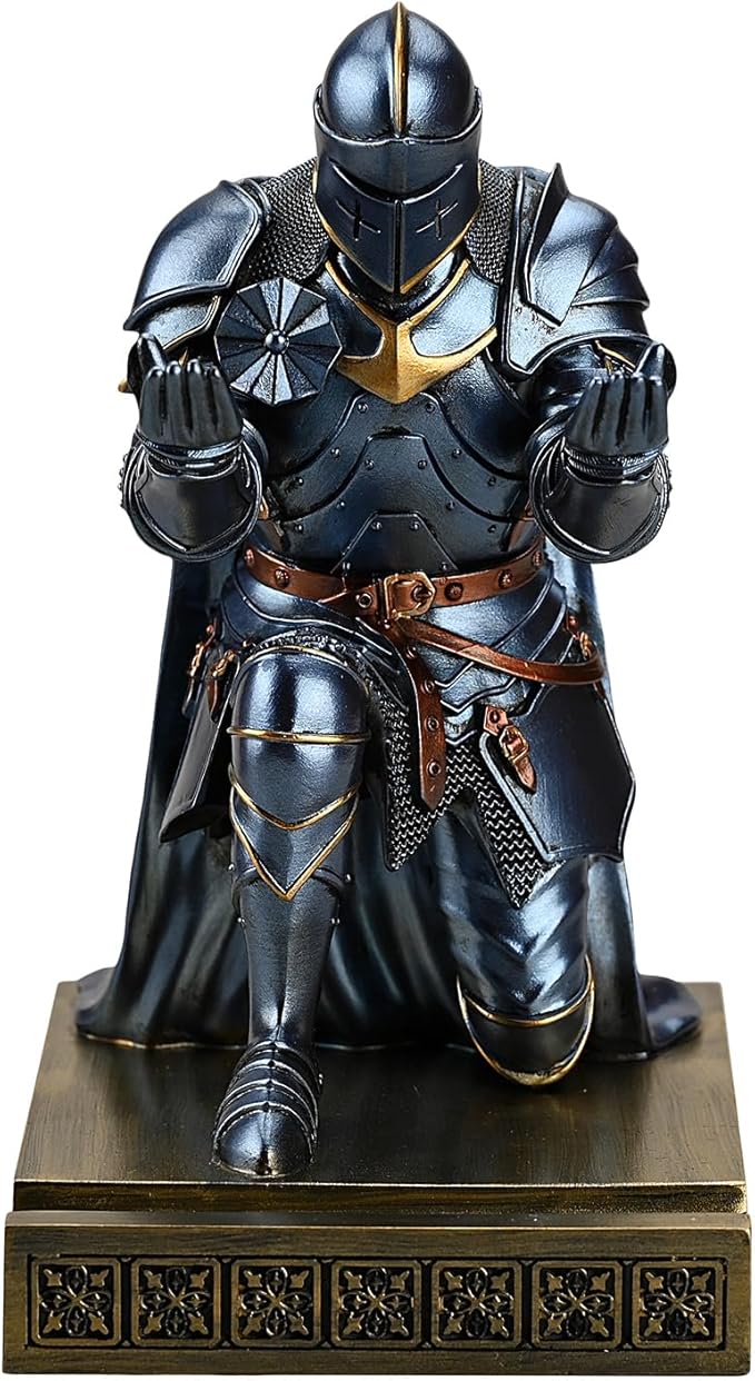 Medieval Armored Warrior Wearing Outerwear, Mobile Phone Stand Knight Pen Holder Desk Organizers, Resin Bookends Paperweight with a Letter Opener for Desk (Blue)