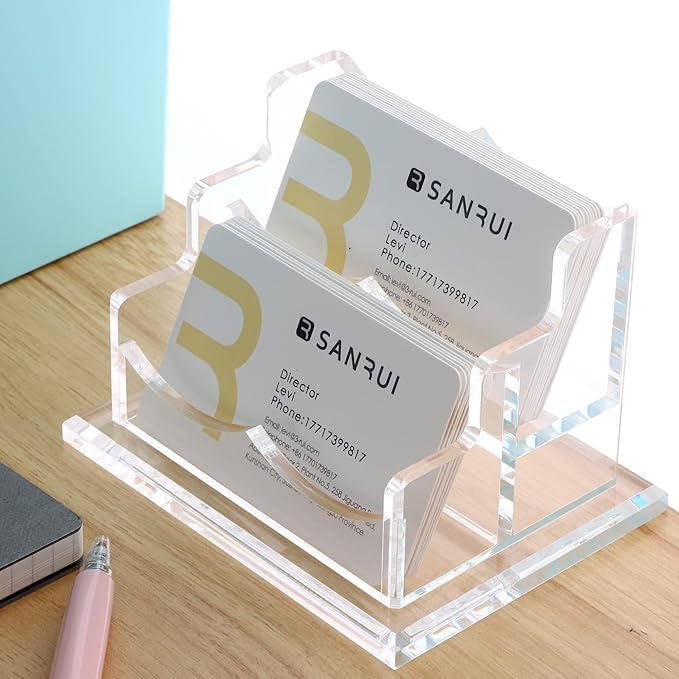 SANRUI Clear Horizontal Business Card Holder Stand for Desk, Acrylic Desktop Display Name Cards Holders Organizer Storage Rack,for Exhibition, Home , Office ,2 Tier 2 Pocket , 120 Card Capacity