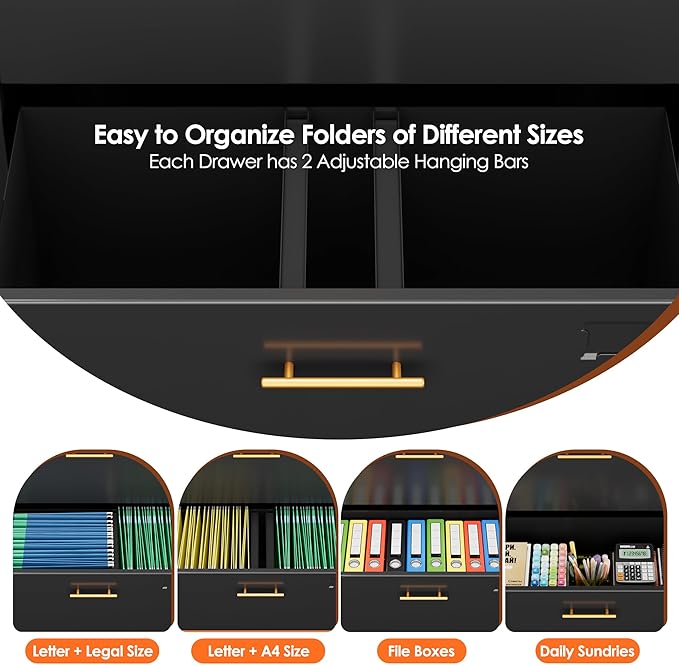 Aobabo Metal 3 Drawers Lateral File Storage Cabinet and Unit Adjustable Shelf Organizer, Steel Files Cabinet with Wheels, 2 Door Storage for Office Legal/Letter A4 Size, Assembly Required, Black