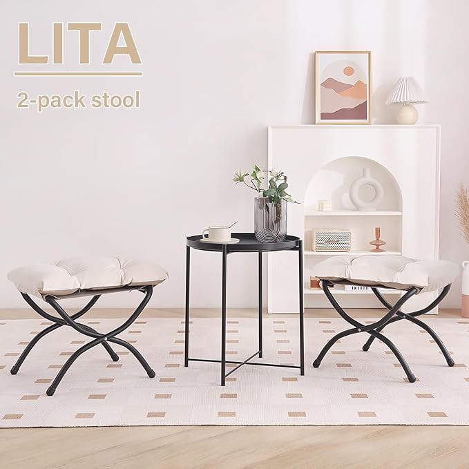 LITA 2 Pcs Folding Upholstered Footrest Stool, Modern Small Portable Accent Ottoman with Detachable Thick Cotton Cushion, Padded Sofa Stool with Metal Frame, Living Room & Bedroom,Velvet Beige