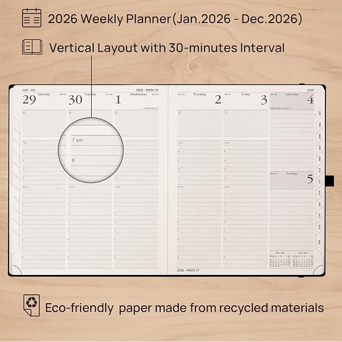 POPRUN 2026 Planner - 2026 Recycled Weekly Planner[8.5''x 10.5''- Italian Regenrated Leather Hard Cover] with Hourly Schedule & Vertical Weekly Layout, Monthly Tabs, Inner Pocket - Desert Brown