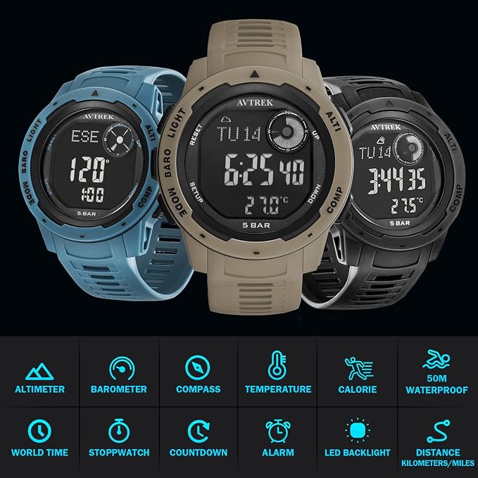 AVTREK Tactical Watch with Compass, 50M Waterproof Pedometer, Digital Altimeter - Image 2