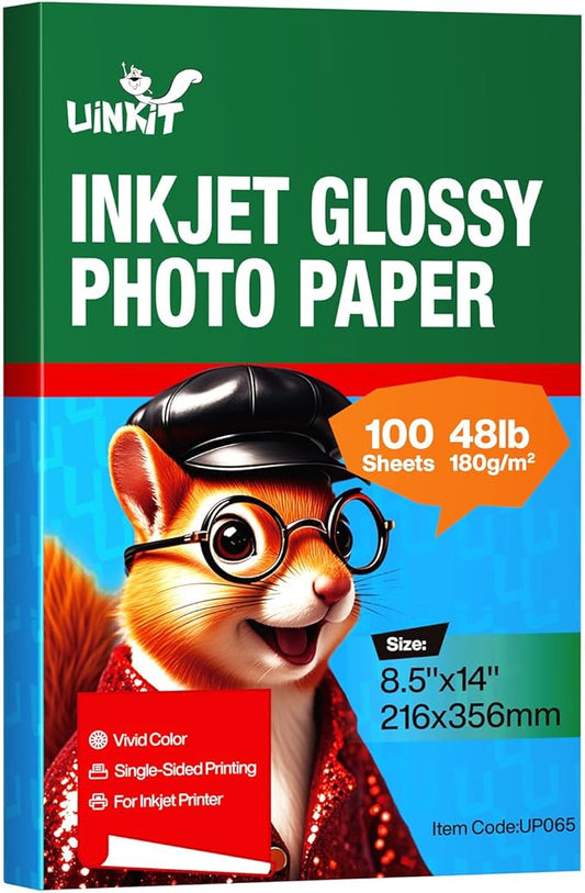 Uinkit Glossy Inkjet Photo Paper 8.5x14 Legal Size, 48lb 180gsm, 100 Sheets - Professional Photographic Quality, Compatible with Dye Ink Inkjet Printers, High-Gloss Finish for Vibrant Prints