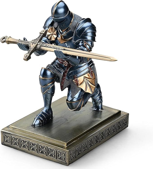 Medieval Armored Warrior Knight Pen Holder Desk Organizers and Accessories Resin Pencil Holder Paperweight as Gift with a Cool Letter Opener for Desk (Blue)