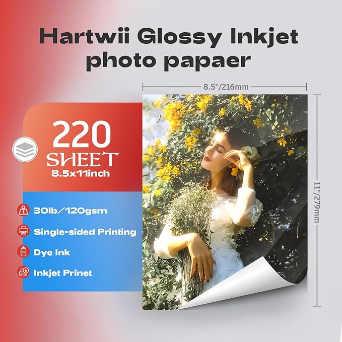 220 Sheets Inkjet Glossy Thin Paper 8.5x11 inch 30lb 120gsm A4 Letter Size For Brochure Printing, CustomChip Bag Party Favors,Single Side, Suitable for All Dye Ink HP001