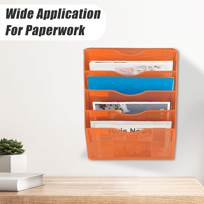 EASEPRES 5 Pocket Mesh Hanging Wall File Organizer, Wall Mounted Mail Paper Document Folder Holder, Clipboard Storage Organization Magazine Rack with Nametag Label for Office Home School, Orange