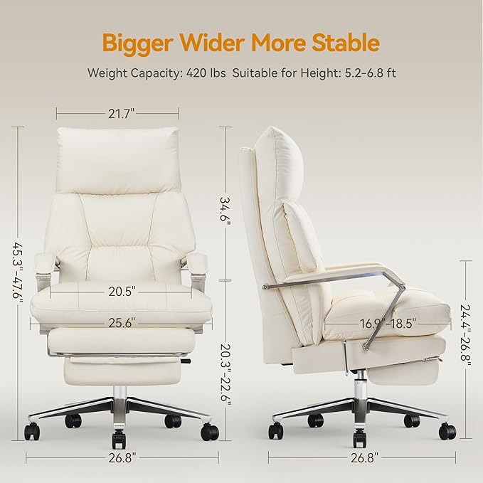 Reclining Office Chair with Footrest - 25.6" Wide Seat & Adjustable Seat Depth, Big and Tall High Back Leather Executive Home Office Desk Chair 400lbs, Cream