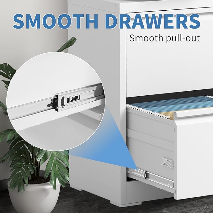 File Cabinets 2 Drawer, Metal Office Storage Filing Cabinet with Lock, White Lateral Filing Cabinet for Home Office,Horizontal Two Drawer File Cabinets for Legal/Letter,Assembly Require,White