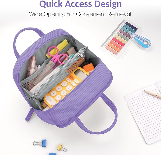 Sooez Large Pencil Case Pouch, Extra Big Pencil Bag with 5 Compartments, Pen Bag Wide Opening, Soft Corduroy Pencil Pouch Organizer with Zipper, Cute Aesthetic School Supplies for Teen Girls-Purple