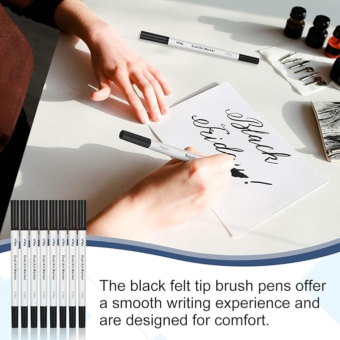 50 Pcs Black Drawing Pens Bulk Dual Brush Fineliners Pens Felt Tip Markers for Art Drawing Sketching