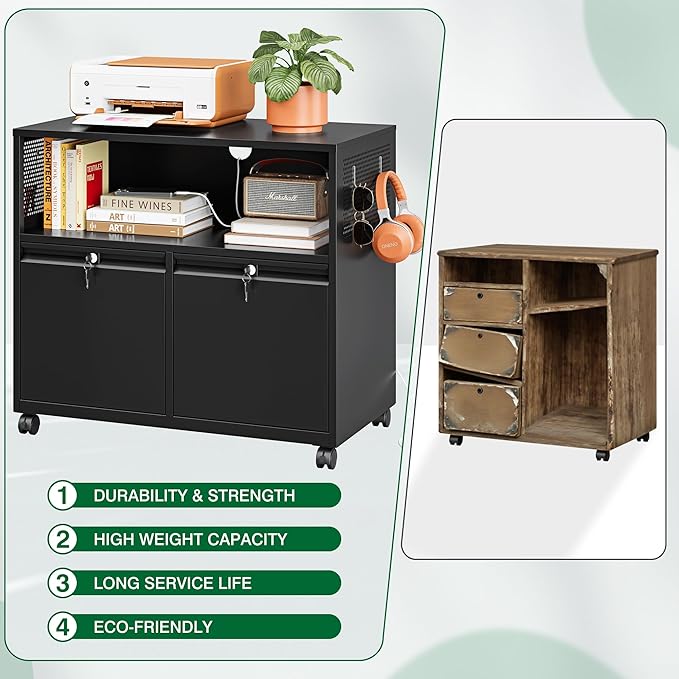Metal File Cabinet,2 Drawer Filing Cabinet with Lock,Rolling Printer Stand Storage Cabinets with Shelves for Home Office Letter/Legal/A4 Size Files(Black)