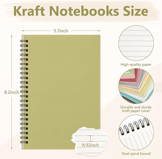 Fuutreo 12 Pcs Spiral Notebook for Work A5 8.3 x 5.7 Inch College Ruled Spiral Journal Notebook Kraft Cover Ruled Paper, 12 Color, 60 Sheets, 120 Pages for Office School (Jewel Color)