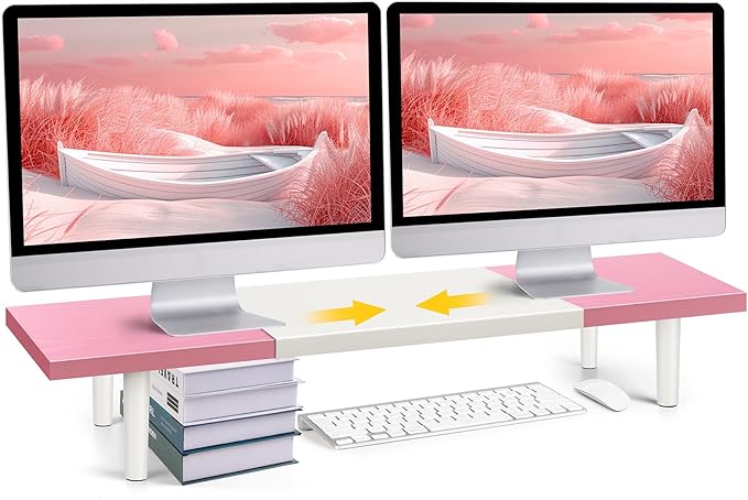 Dual-Monitor-Stand-Riser-For-Desk Adjustable Length 32-40 Inch，Large Desktop Computer Monitor Riser For 2 Screens，Desk Shelf Organizer Riser Stand For Computer/Laptop/PC/Printer/TV