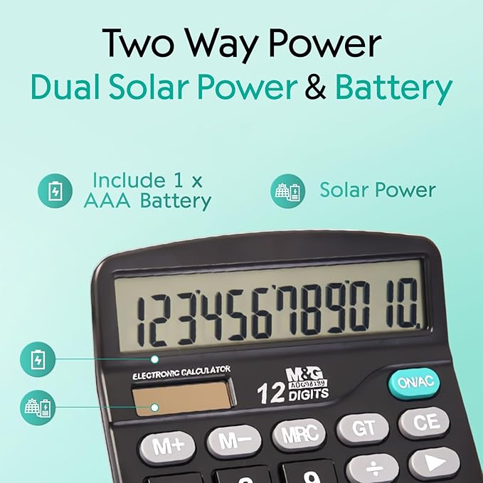 M&G Desk Calculator 12 Digit Office Calculators with Large LCD Display, Dual Solar Power and Battery, Recessed Big Button Calculator for Office Home School (Black, Pack of 5)