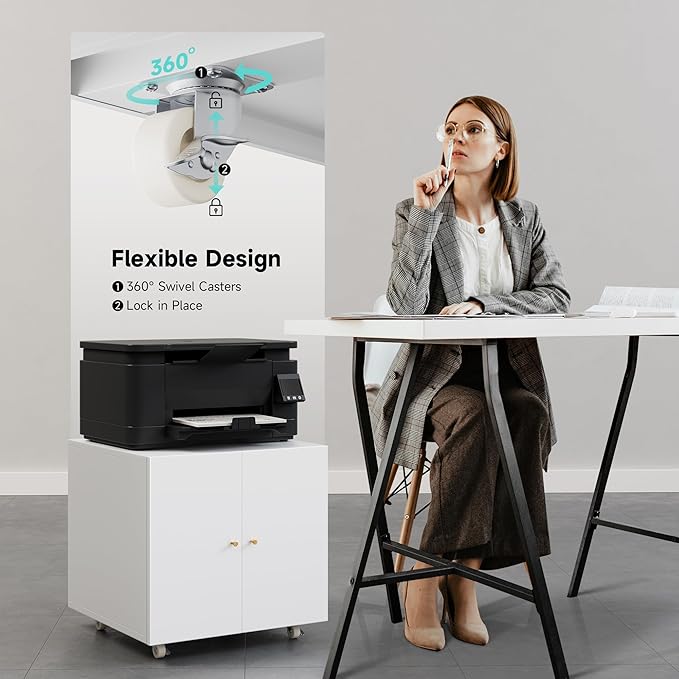 Warmiehomy Metal Printer Stand with Storage Mobile Printer Tables for Small Spaces with Door Adjustable Shelf File Cabinet on Wheels for Home Office (White)