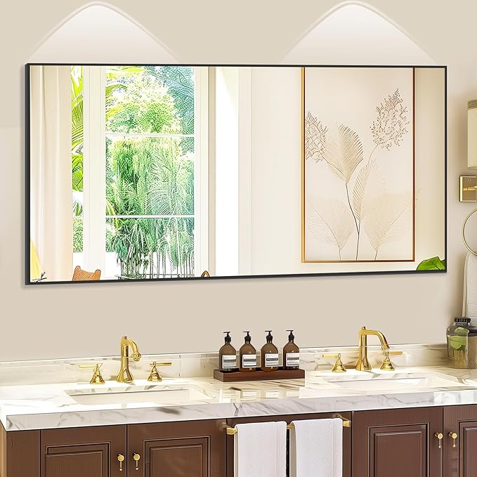 71"X32" Floor Mirror Full Length with Stand, Black Rectangle Large Free Standing Full Length Body Mirror for Gym Bedroom Living Room, Tempered Glass, Aluminum Alloy Frame