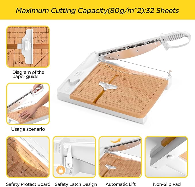 12 Inch Wood Guillotine Paper Cutter, Heavy Duty Wood Base Paper Trimmer with 32 Sheets Paper Cutting Board for Classroom, Crafting, Cardstock, Art Projects (White)