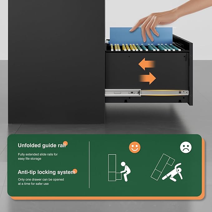 Letaya Lateral 3 Drawer File Cabinets with Lock, Metal Filing Storage Vertical Cabinets,Home Office Furniture for Organization Hanging Letter/Legal/F4/A4(Black)